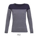 Koszulka Damska Klasyczna Bawelniana w Paski Dlugi Rekaw L03100 - French Navy & White