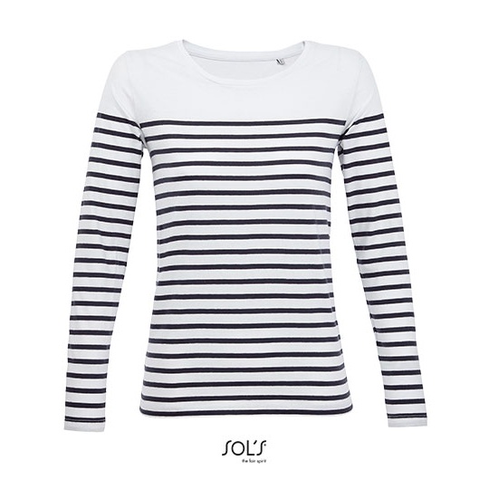Koszulka Damska Klasyczna Bawełniana w Paski Długi Rękaw L03100 - White & Navy