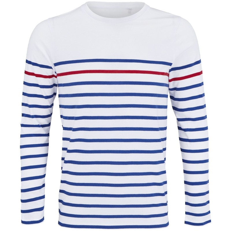 Koszulka Damska Klasyczna Bawelniana w Paski Dlugi Rekaw L03100 - White & Royal Blue 241 & Red