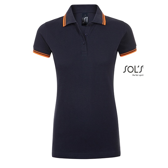Koszulka Polo Damska Dopasowana Bawelniana Pika L586 - French Navy & Neon Orange