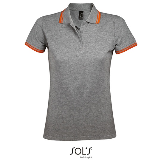 Koszulka Polo Damska Dopasowana Bawełniana Pika L586 - Grey Melange & Orange