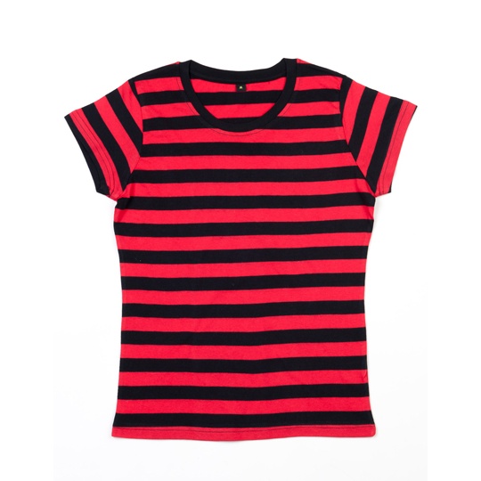 Damski T-shirt Klasyczny Bawełniany w Paski P110S - Black & Red