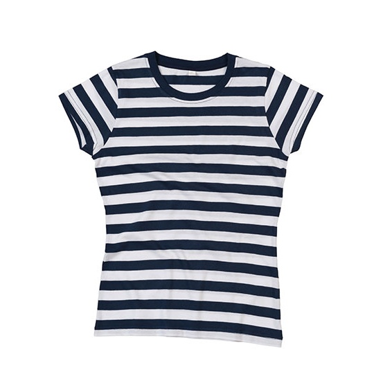 Damski T-shirt Klasyczny Bawełniany w Paski P110S - Navy & White
