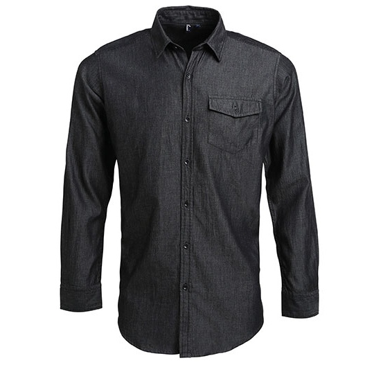 Koszula Męska Klasyczna Jeansowa Bawełniana PW222 - Black Denim (ca. Pantone 433C)