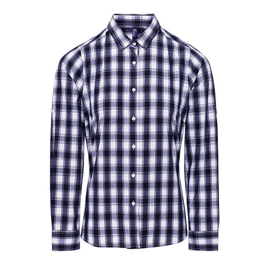 Koszula Damska Slim Bawełniana w Kratke PW350 - White & Navy (ca. Pantone 2378C)