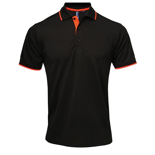 Polo Męskie Slim Poliestrowe Odprowadzające Wilgoć PW618 - Black (ca. Pantone Black C) & Orange (ca. Pantone 1655C)