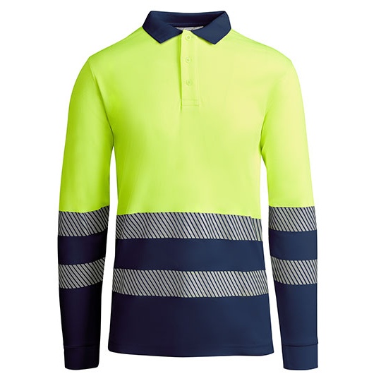 Koszulka Polo Meska Dlugi Rekaw Odblaskowa RY9319 - Navy Blue 55 & Fluor Yellow 221