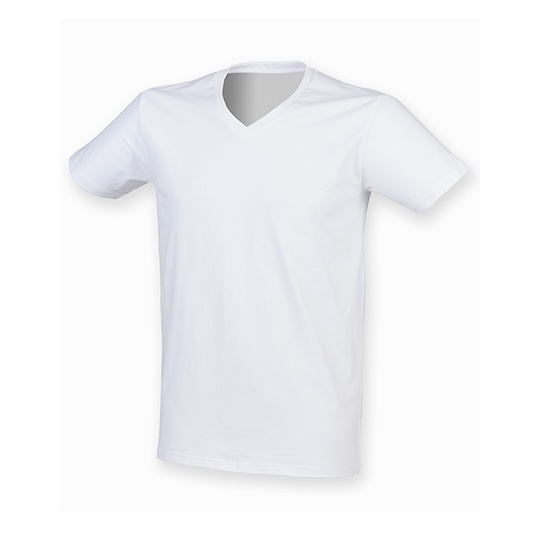 T-shirt Męski Slim Bawełna Elastan Dekolt V SFM122 - White