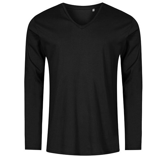 T-Shirt Meski Slim Bawelna Czesana Dlugi Rekaw V-Neck XO1460 - Black