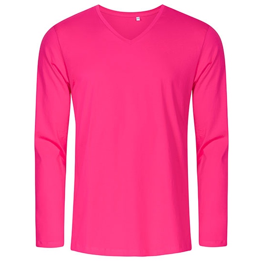 T-Shirt Meski Slim Bawelna Czesana Dlugi Rekaw V-Neck XO1460 - Bright Rose