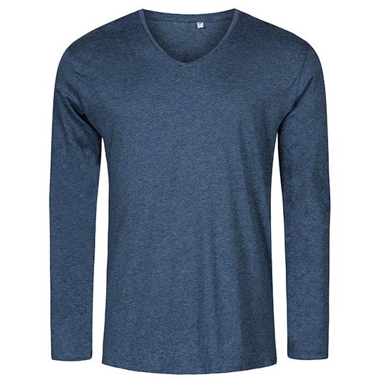 T-Shirt Meski Slim Bawelna Czesana Dlugi Rekaw V-Neck XO1460 - Heather Navy