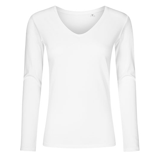 Damski T-shirt V-Neck Slim z Długim Rękawem XO1560 - White