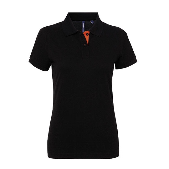 Koszulka Polo Damska Taliowana Bawelniana AQ022 - Black & Orange