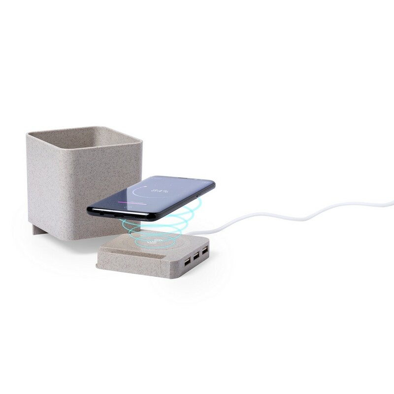 Ladowarka bezprzewodowa 5W ze slomy pszenicznej, hub USB 2.0, pojemnik na przybory do pisania, stojak na telefon V0116-00 - neutralny