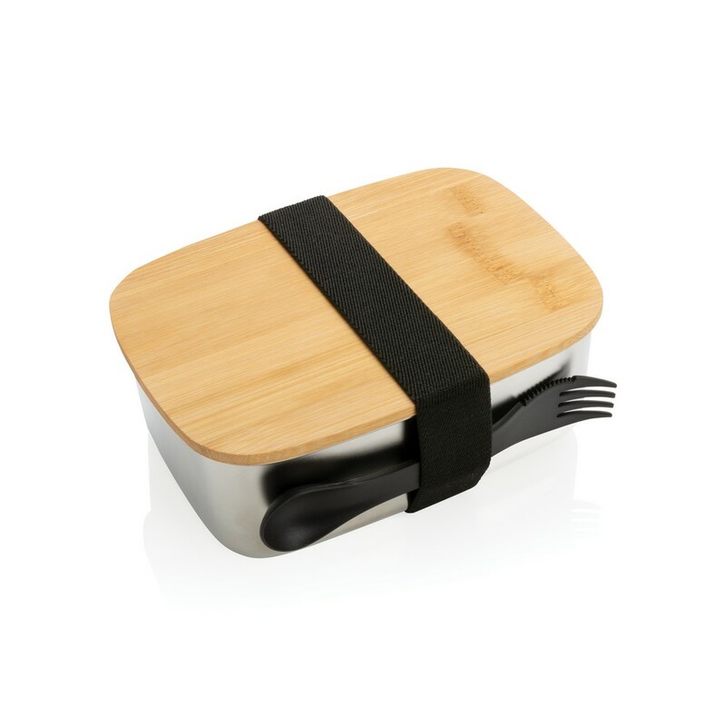 Pudelko sniadaniowe z bambusowym wieczkiem, lyzkowidelec P269.622 - srebrny