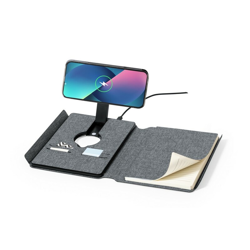 Wielofunkcyjny notatnik RPET A5, magnetyczna ladowarka bezprzewodowa 10W, power bank 5000 mAh V1302-19 - szary