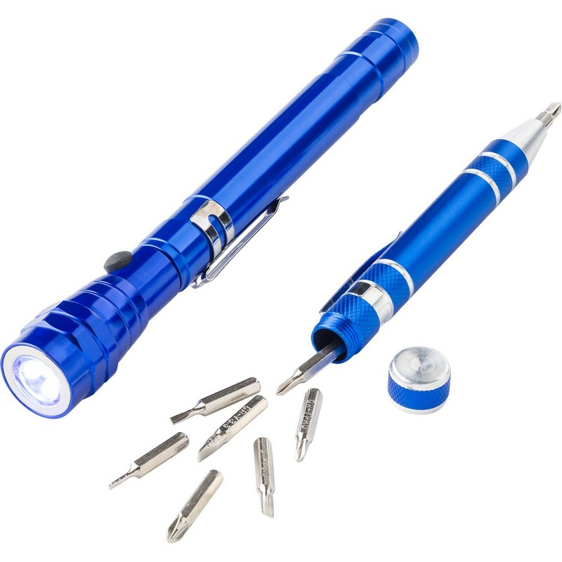 Zestaw narzedzi, srubokret, 8 koncowek, teleskopowa latarka 3 LED V8763-11 - niebieski