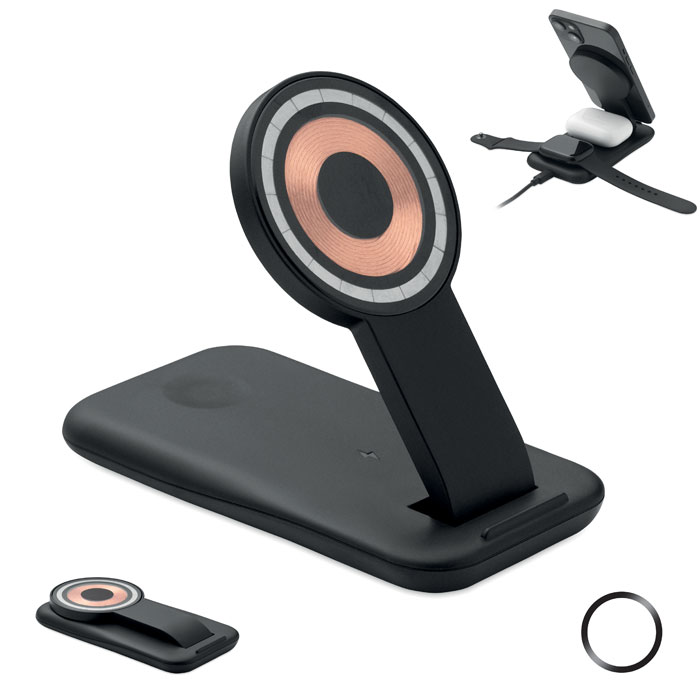 Bezprzew. ładowarka 3 w 1, 15W - Czarny