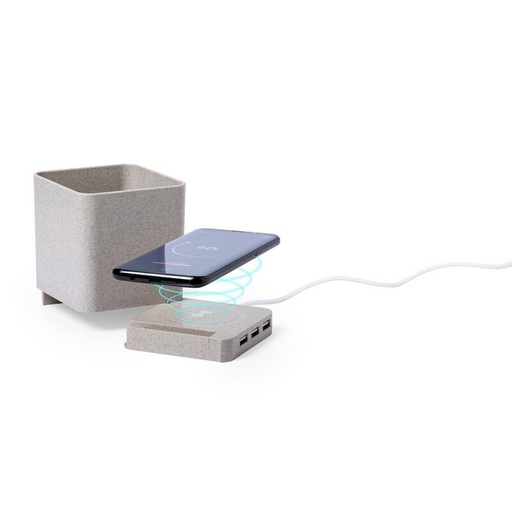 Ladowarka bezprzewodowa 5W ze slomy pszenicznej, hub USB 2.0, pojemnik na przybory do pisania, stojak na telefon V0116-00 - neutralny