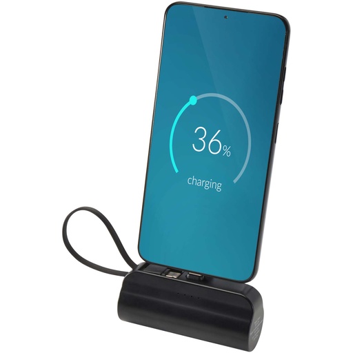 Alnair powerbank o pojemności 5000 mAh i mocy 10 W, wykonany z tworzyw sztucznych pochodzących z recyklingu, z wbudowaną pods 124472 - Czarny