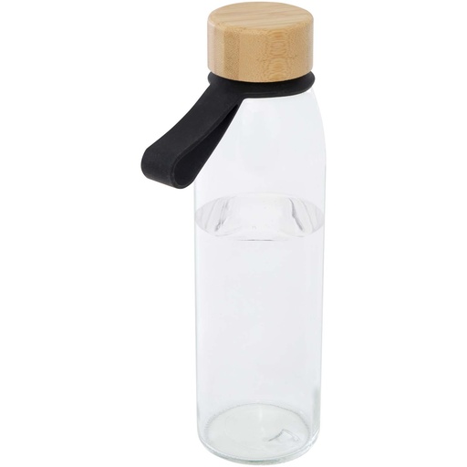 Szklana butelka na wodę Porto o pojemności 500 ml, z silikonowym uchwytem i z bambusową zakrętką 100853 - Czarny