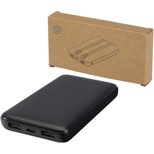 Adhil powerbank o pojemności 10.000 mAh i mocy 10 W z tworzyw sztucznych pochodzących z recyklilngu z 2 wbudowanymi kablami 124459 - Czarny