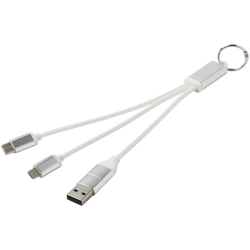 Metal kabel do ładowania 4 w 1 z aluminium z recyklingu z łańcuchem do kluczy 124382 - Srebrny
