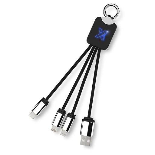 Kabel z podświetlonym logo 3w1 z brelokiem - SCX.design C15 2PX001 - Niebiesko-czarny