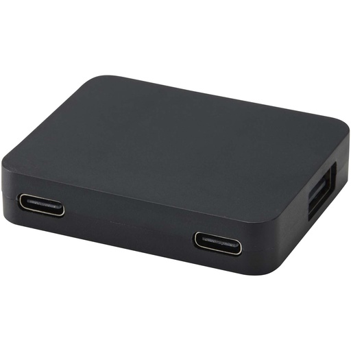 Gaia 4-portowy hub USB z wyjściem USB-A i typu C oraz podwójnym wejściem — wykonany z tworzyw sztucznych pochodzących z recyk 124449 - Czarny