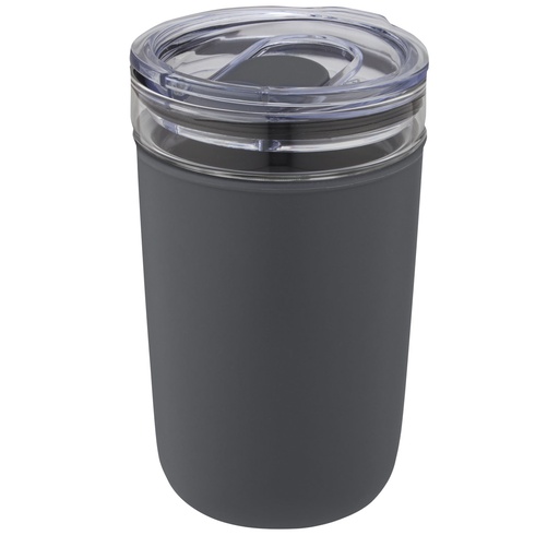Szklany kubek Bello o pojemności 420 ml z zewnętrzną ścianką z plastiku z recyklingu 100675 - Szary