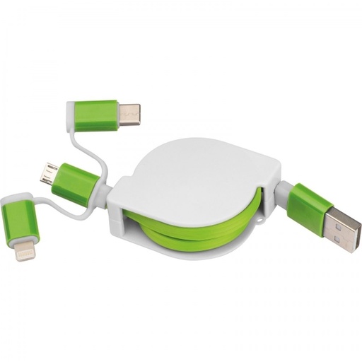 Kabel do ładowania z 3 wtyczkami rozwijany NICO 21652 - Zielony
