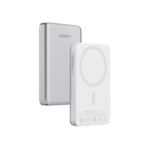 Magnetyczny, bezprzewodowy power bank 10000 mAh Aukey - srebrny