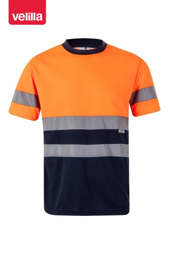 Koszulka dwukolorowa z krótkim rękawem z odblaskami 305506 - MARINE BLUE/HI-VIS ORANGE 01/19