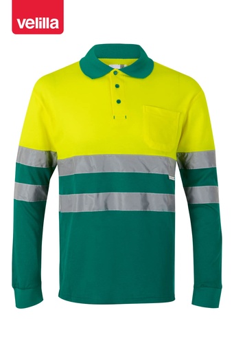 Koszulka polo dwukolorowa z długim rękawem z odblaskami 305515 - GREEN/HI-VIS YELLOW 02/20
