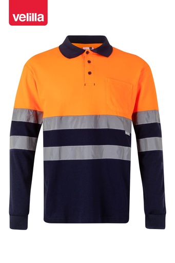 Koszulka polo dwukolorowa z długim rękawem z odblaskami 305515 - NAVY BLUE/HI-VIS ORANGE 61/19