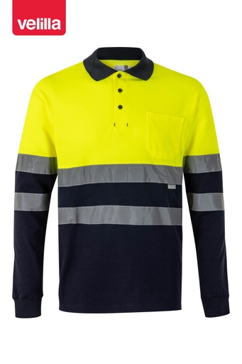 Koszulka polo dwukolorowa z długim rękawem z odblaskami 305515 - NAVY BLUE/HI-VIS YELLOW 61/20