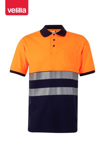 Koszulka polo dwukolorowa z krótkim rękawem z odblaskami 305523 - NAVY BLUE/HI-VIS ORANGE 61/19