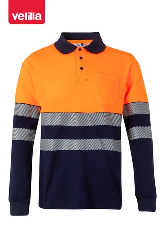 Koszulka polo dwukolorowa z długim rękawem z odblaskami 305525 - NAVY BLUE/HI-VIS ORANGE 61/19
