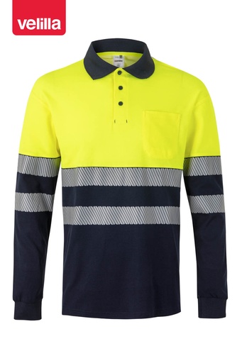 Koszulka polo dwukolorowa z długim rękawem z odblaskami 305525 - NAVY BLUE/HI-VIS YELLOW 61/20