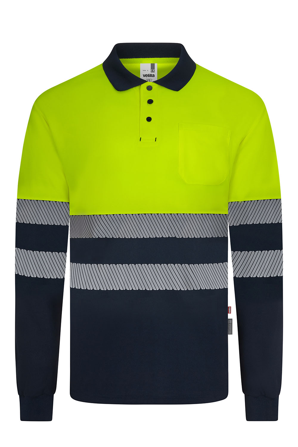 Koszulka polo dwukolorowa z długim rękawem z odblaskami 305535 - NAVY BLUE/HI-VIS YELLOW 61/20