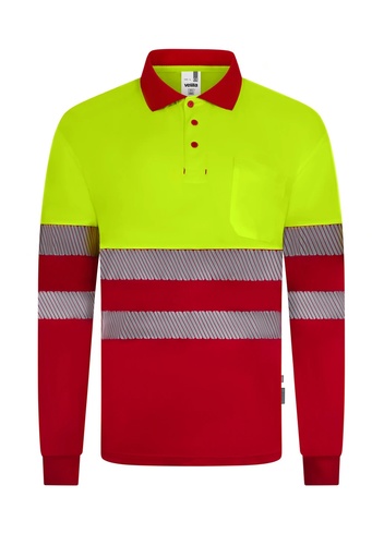 Koszulka polo dwukolorowa z długim rękawem z odblaskami 305535 - RED/HI-VIS YELLOW 12/20
