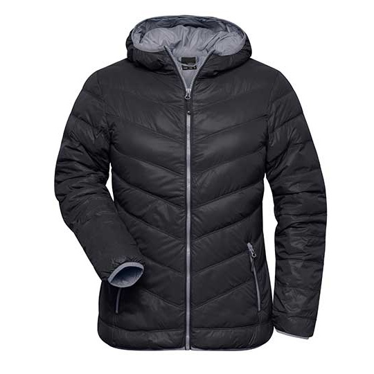 Damska kurtka puchowa slim z kapturem - Black & Grey