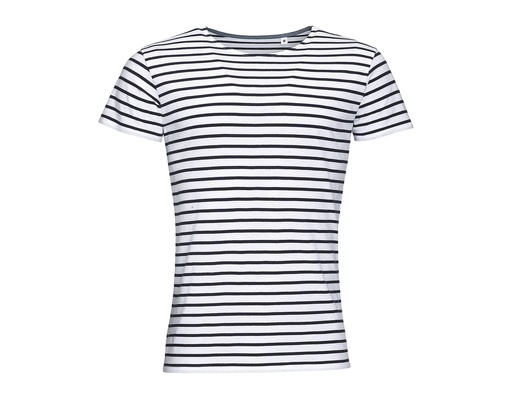 Męski T-shirt w paski z okrągłym dekoltem L01398 - White & Navy