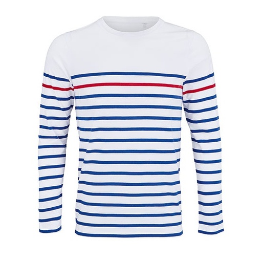 Koszulka Męska Dopasowana Bawełniana w Paski L03099 - White & Royal Blue 241 & Red