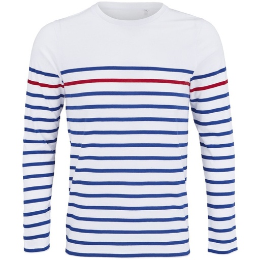 Koszulka Damska Klasyczna Bawelniana w Paski Dlugi Rekaw L03100 - White & Royal Blue 241 & Red