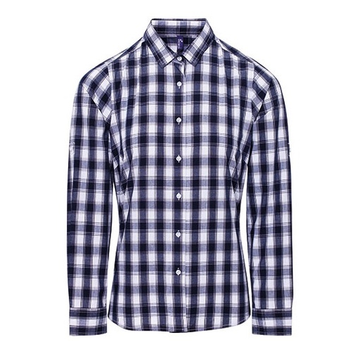 Koszula Damska Slim Bawełniana w Kratke PW350 - White & Navy (ca. Pantone 2378C)