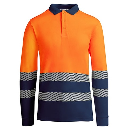 Koszulka Polo Męska Długi Rękaw Odblaskowa RY9319 - Navy Blue 55 & Fluor Orange 223