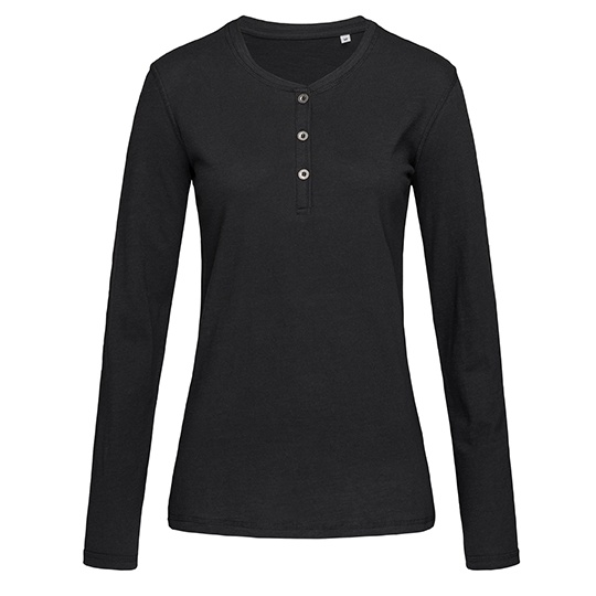 Koszulka Henley Długi Rękaw Damska - Black Opal
