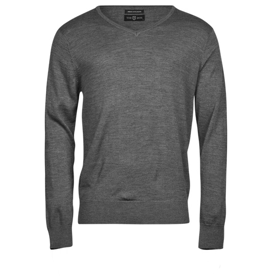 Sweter męski z dekoltem V, wełna merynosów - Grey Melange