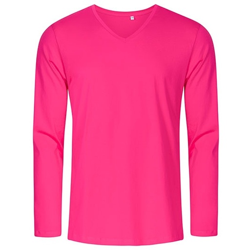 T-Shirt Meski Slim Bawelna Czesana Dlugi Rekaw V-Neck XO1460 - Bright Rose